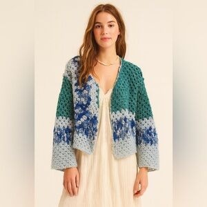 Handmade Crochet Open Cardigan - Teal and Light Blue